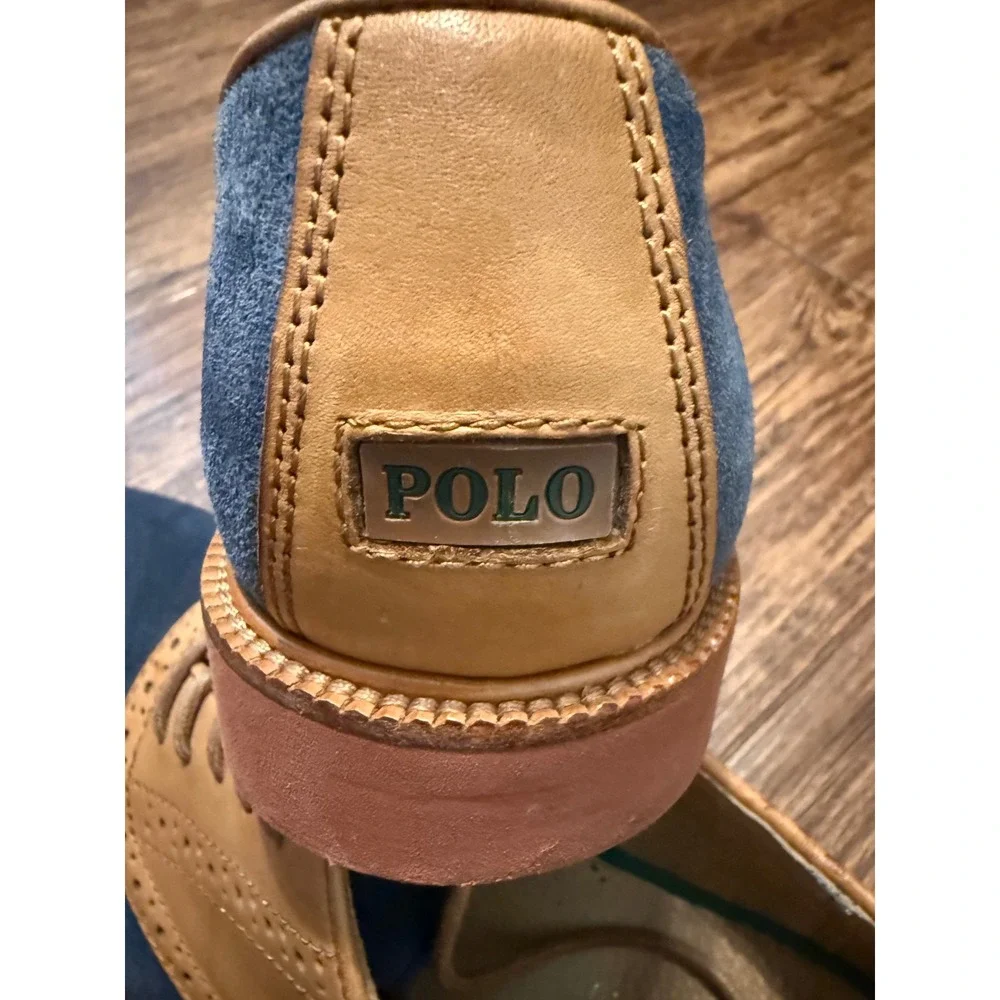 Polo Ralph Lauren Torrington Mens 10.5 D Blue Suede Tan Leather Saddle Shoes